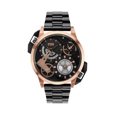 Men's black dial with rose gold features dual time bracelet watch dualon rose gol
